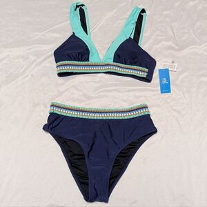 Cupshe 2 Piece High Waist Bikini Navy & Aqua Blue Small Beach Pool Cruise